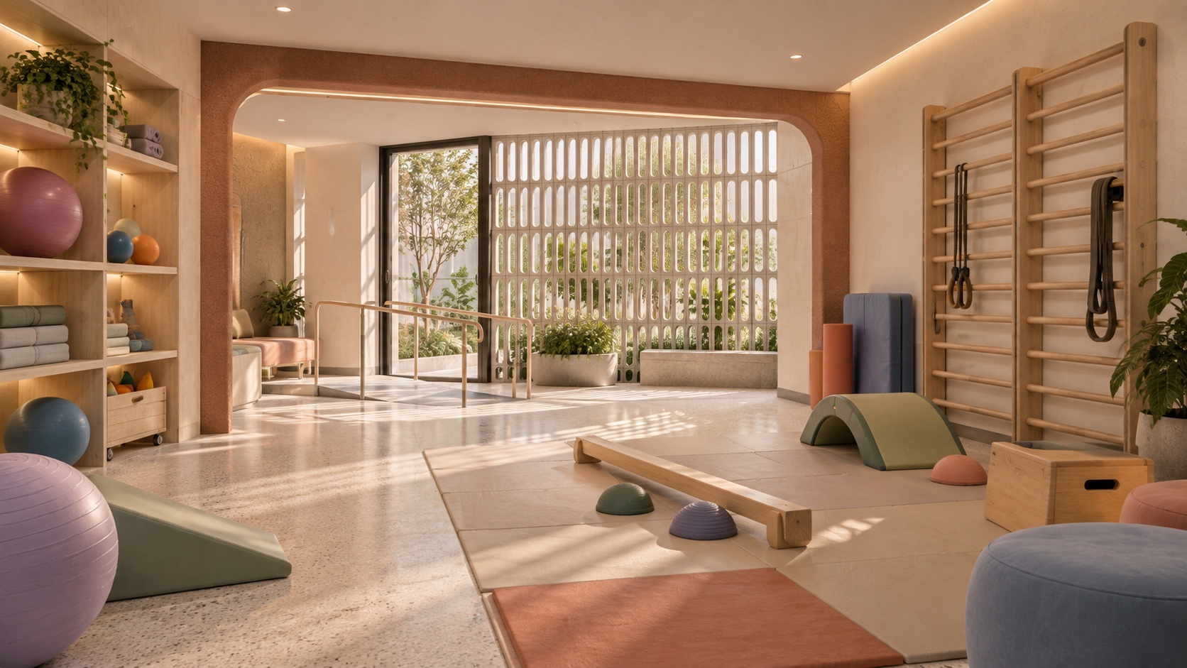 Visualización conceptual de una sala de terapia motriz